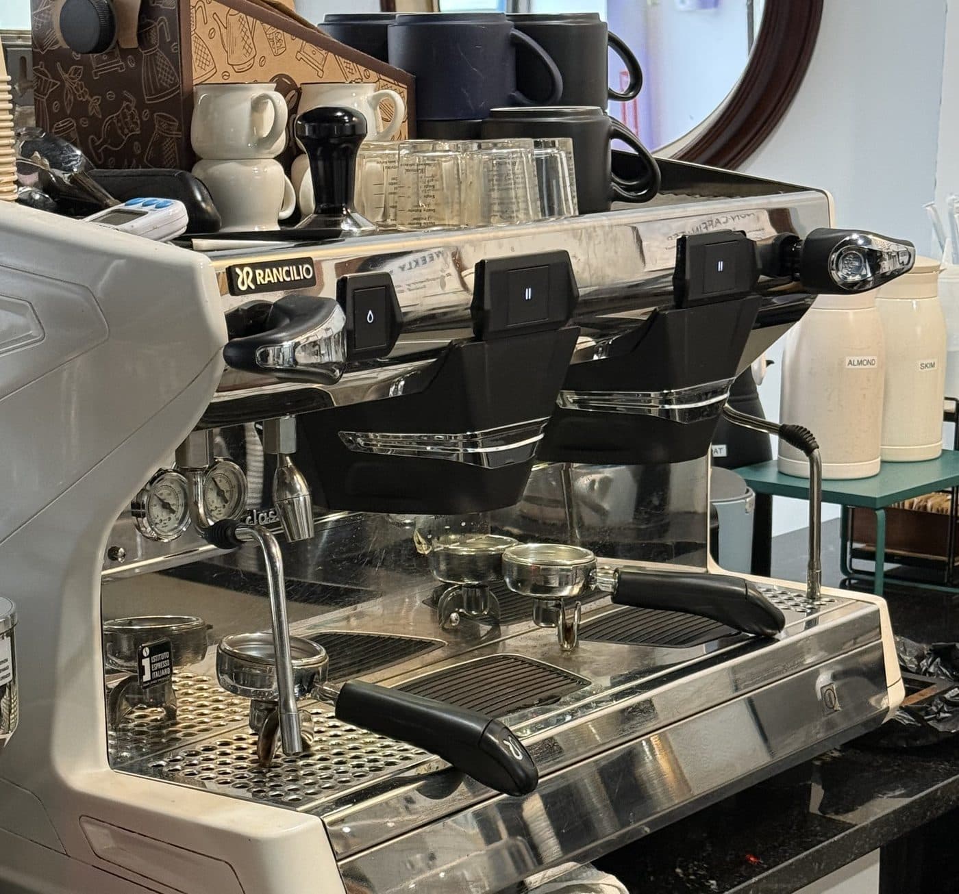 Polished espresso machine ready to pull shots