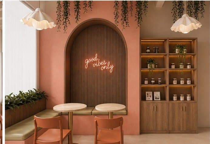 Interior of Affogato House — arched wood-paneled alcoves, neon signage, hanging greenery, terracotta seating