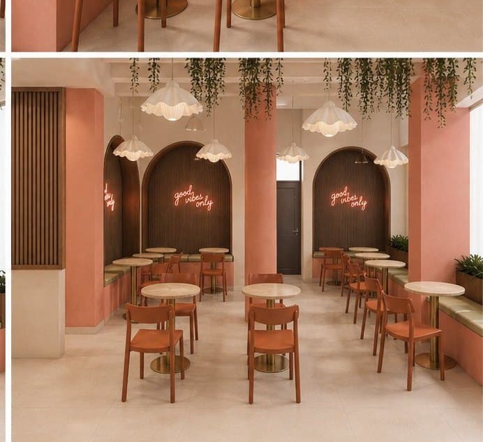 Affogato House dining area — coral walls, terracotta seating, warm pendant lighting, hanging greenery